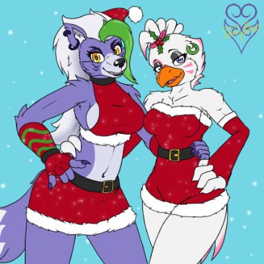 2girls, animatronic, anthro, big breasts, breasts, busty, canid, canine, canis, chica (fnaf), chicken, chicken humanoid, collar, ear, ear piercing