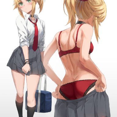 2d (artwork), ass, blonde hair, blush, bra, choker, fate/apocrypha, fate/grand order, fate (series), green eyes, kneehighs, lingerie, loafers, looking at viewer, mordred (fate)