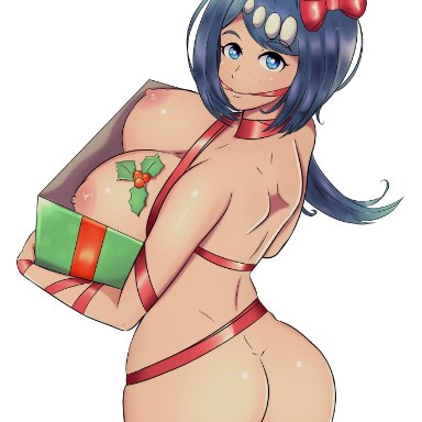 1girls, areolae, ass, big ass, big breasts, blue eyes, blue hair, boobs, breasts, christmas, female, freckles, hair ornament, hi res, highres