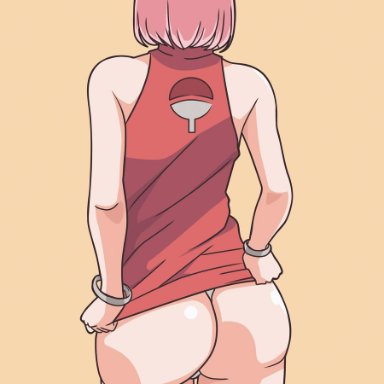 1girls, armwear, ass, back view, bare ass, bare legs, bare shoulders, big ass, bob cut, boruto: naruto next generations, bracelets, dat ass, dress, dress lift, facing away