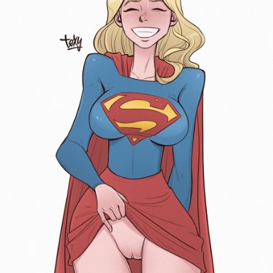 1girls, blush, clitoris, closed eyes, dc, dc comics, female, female only, flashing, flashing pussy, innie pussy, kara danvers, kara zor-el, lifted by self, light-skinned female