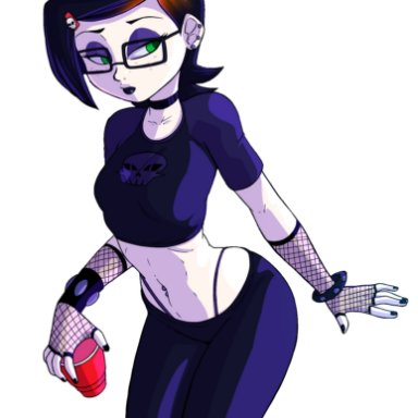 1girls, alternate hairstyle, ben 10, black hair, breasts, cartoon network, female, female only, glasses, goth, green eyes, gwen tennyson, lipstick, makeup, medium breasts