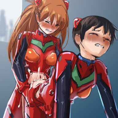 1boy, 1futa, all fours, anal, asuka langley sohryu, bent over, breasts, clothed, clothing, crossdressing, cum, cum in ass, cum inside, doggy style, duo