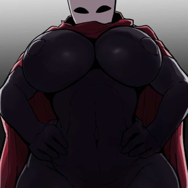 big breasts, hand on hip, hollow knight, hornet (hollow knight), horu, larger female, looking at viewer, mask