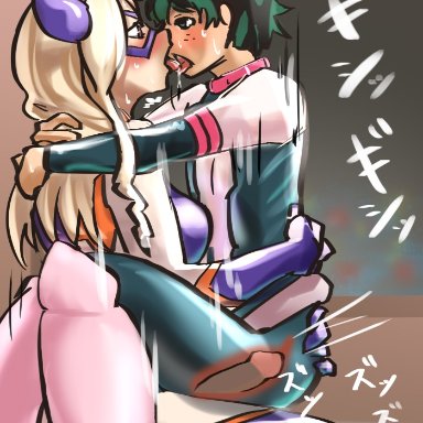 1boy, 1futa, anal, bodysuit, clothed, clothing, duo, femdom, futa on male, futanari, human, izuku midoriya, kissing, light-skinned futanari, light-skinned male