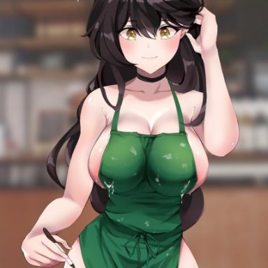 1girls, akira7pc, apron, blush, breasts, brown hair, cow print, cow print thighhighs, dark brown hair, hips, holding object, hourglass figure, iced latte with breast milk, indoors, lactating