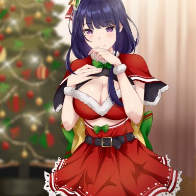 1girls, absurd res, bangs, big breasts, black legwear, blush, boob window, bow, bra, breasts, christmas, christmas clothing, christmas outfit, christmas tree, cleavage