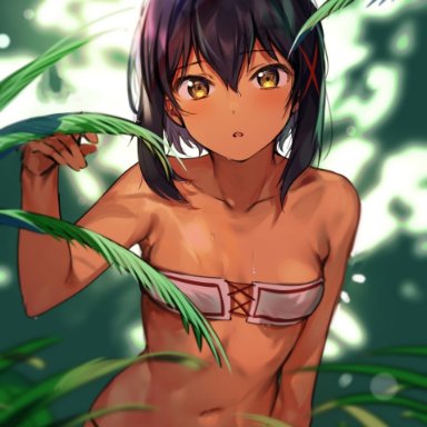 aconbwakame, bangs, belly, belly button, black hair, blush, blush, blushing at viewer, breasts, brown skin, clothed, clothed female, collarbone, collarbones, dark-skinned female