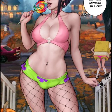 1futa, aroma sensei, big breasts, earrings, fishnet legwear, fishnets, futanari, halloween, lollipop, nails, purple hair, raven, raven (dc), short hair, spongebob squarepants