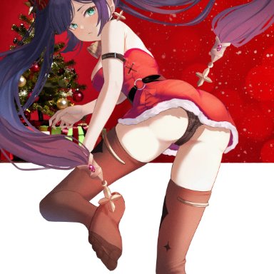 1girls, absurd res, ass, bell, bell collar, black legwear, black panties, black stockings, blush, breasts, butt, christmas, christmas clothing, christmas outfit, christmas tree