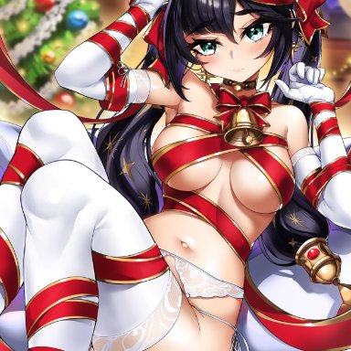 1girls, abs, absurd res, arms up, bangs, bell, bell collar, belly button, big breasts, black hair, blush, bondage, bow, breasts, casul