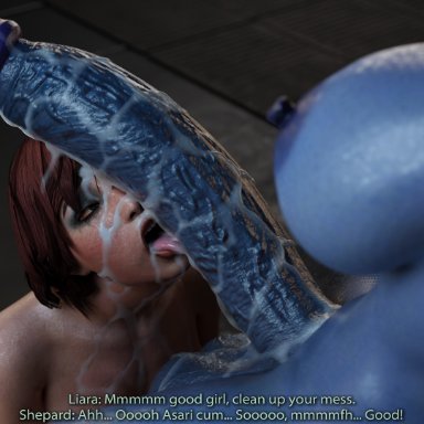 3d, 3d (artwork), banap, big penis, blender, blender (software), blue skin, bukkake, comic, comic page, commander shepard, cum, cum covered, cum everywhere, cum on body