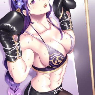 1girls, 6 pack, abs, absurd res, arms up, bare shoulders, belly button, big breasts, black legwear, blush, boxing gloves, boxing ring, braid, braided hair, breasts