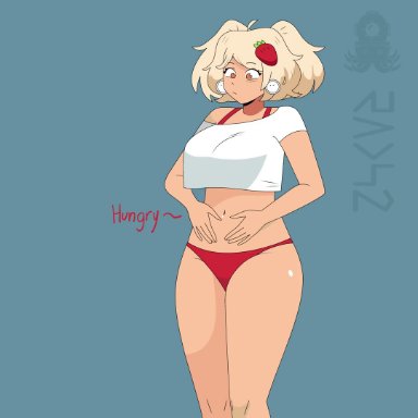 1girls, animated, belly expansion, belly rub, big belly, blonde hair, blush, clothed, clothing, earrings, eating, female, female focus, female only, fetal movement