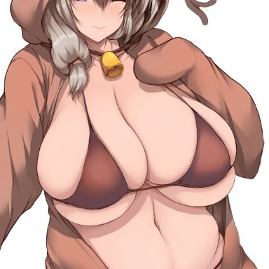 1girls, 2021, animal hood, animal hoodie, belly button, bikini, blush, breasts, brown bikini, brown hoodie, christmas, female, female only, grey hair, huge breasts