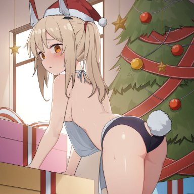 absurdres, apron, ass, ass cutout, ayanami (azur lane), azur lane, backless panties, bangs, black panties, blonde hair, blush, box, breasts, christmas, christmas tree