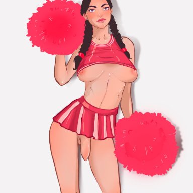 1futa, areolae, big breasts, breasts, cheerleader, cheerleader uniform, clothed, clothing, flaccid, foreskin, futa only, futanari, hacartcomm, human, light-skinned futanari