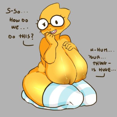 alphys, anthro, big breasts, breasts, buckteeth, clothing, curvy figure, cvbe, dialogue, english text, eyewear, female, glasses, hand on breast, hand on face