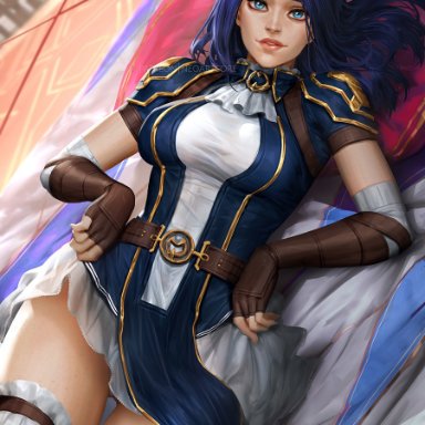 1girls, 2d, arcane, arcane caitlyn, bare thighs, belt, big breasts, blue eyes, caitlyn kiramman, clothed, female, female focus, female only, gloves, league of legends