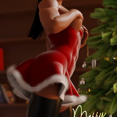 1girls, 3d, abs, b0sch, bare arms, bare shoulders, biceps, black hair, blizzard entertainment, christmas, christmas outfit, christmas tree, covering breasts, dark-skinned female, dress