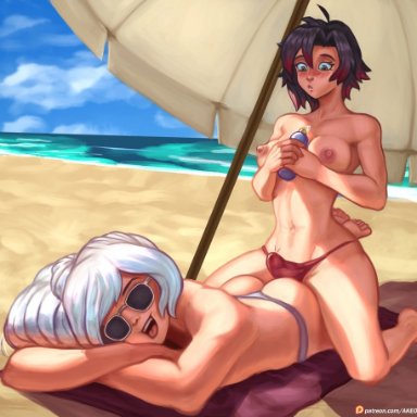 1futa, 1girls, akeowi, beach, black and red hair, black hair, blush, breasts, clothed, clothing, duo, erection, erection under clothes, female, futanari