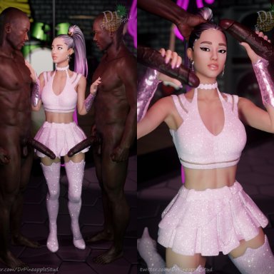 1girl, 1girls, 2boys, abs, ariana grande, balls, big balls, big penis, breasts, brown eyes, choker, dark-skinned male, dark skin, double handjob, drpineapplestudios