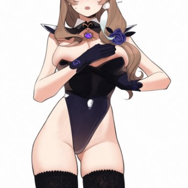 2021, abbystea, animal ears, areola slip, areolae, ass visible through thighs, black gloves, black leotard, blush, breasts, brown hair, bunny ears, bunnysuit, bursting breasts, cleavage