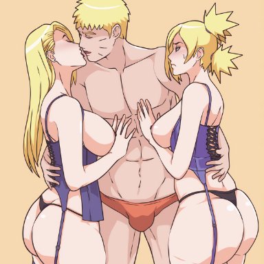 1boy, 2girls, after kiss, alternate hairstyle, annoyed, ass, bare legs, bare shoulders, before sex, big ass, blonde hair, blush, boruto: naruto next generations, breasts, breasts outside