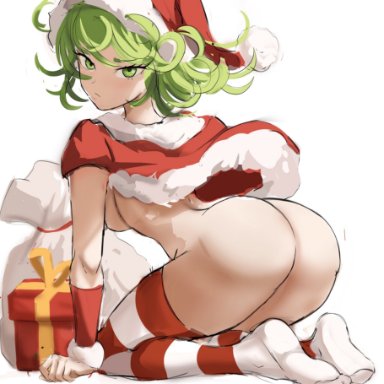 1girls, 2021, alternate version available, artist revision, ass, ass focus, back, back view, bubble butt, christmas, female, female only, green eyes, green hair, kneeling