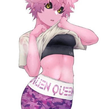 black sclera, camouflage, mina ashido, my hero academia, pink hair, pink skin, post workout, shirt lift, sweat, sweatdrop, sweating, sweaty, sweaty abs, sweaty arms, sweaty body