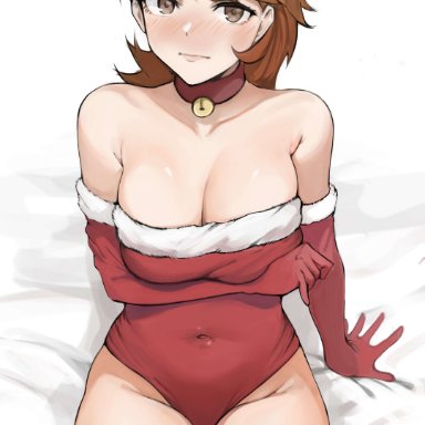 :(, arm under breasts, bare shoulders, belly button, big breasts, brown eyes, brown hair, choker, christmas outfit, cleavage, leotard, medium hair, nero watch, persona, persona 3