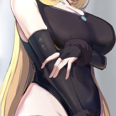 1girls, absurd res, adamant369, annoyed, arm under breasts, bangs, bare shoulders, big breasts, black bodysuit, black elbow gloves, black gloves, black legwear, blonde, blonde hair, blush