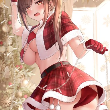 absurdres, ass, bangs, black legwear, blush, breasts, brown eyes, brown hair, christmas, christmas outfit, christmas tree, commentary request, cowboy shot, duplicate, eyebrows visible through hair
