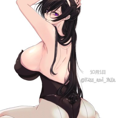 :, absurdres, animal ears, armpits, arms on head, back, bangs, black footwear, black hair, black leotard, breasts, code geass, commentary request, covered nipples, female