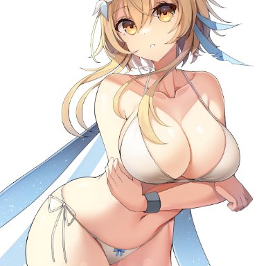 1girls, absurd res, arched back, arm under breasts, arms under breasts, bangs, bare shoulders, belly button, big breasts, bikini, bikini bottom, bikini top, blonde, blonde hair, breasts