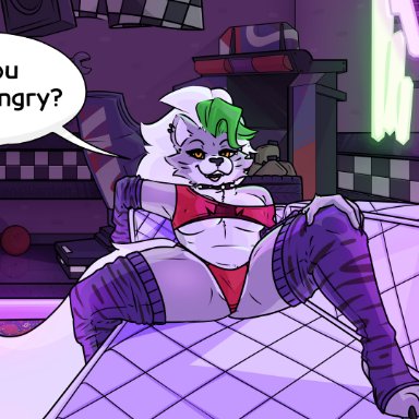 animatronic, arcade, breasts, canine, checkered, claws, couch, crop top, curtains, ear piercing, earrings, eye contact, eyelashes, eyeliner, eyeshadow