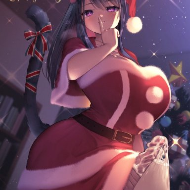 1futa, animal ears, big breasts, big penis, book, bookshelf, breasts, cat ears, cat tail, catgirl, christmas ornaments, christmas tree, closed mouth, clothed, clothing