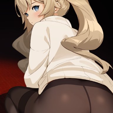 1girls, anus, ass, barbara (genshin impact), barefoot, big ass, black legwear, blonde hair, blue eyes, blush, ett, fake horns, female, female only, genshin impact