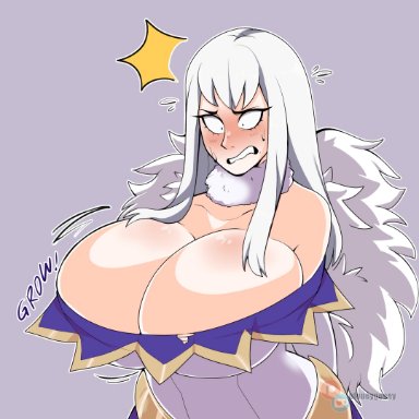 1girls, alternate breast size, alternate costume, bare shoulders, big breasts, blush, blushing, bluueygooey, breast expansion, breasts, cleavage, clenched teeth, clothed, clothes, clothing