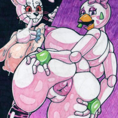 4 fingers, accessory, animatronic, anthro, anus, areola, ass, avian, back boob, beak, being watched, big breasts, big butt, bird, black eyebrows