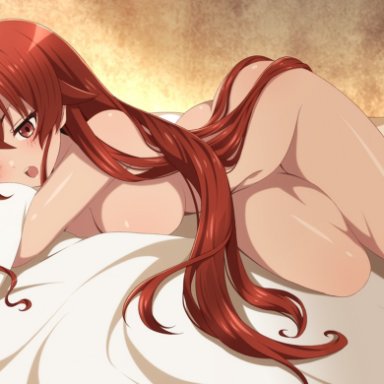 ahoge, bed, blush, eris greyrat, mushoku tensei, open mouth, pillow, pillow grab, red eyes, red hair, sheets