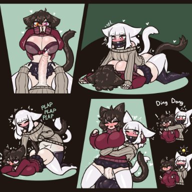 1futa, 1girls, animal ears, big balls, big breasts, big penis, black hair, blush, bra, cat ears, cat tail, catgirl, christmas, comic, duo