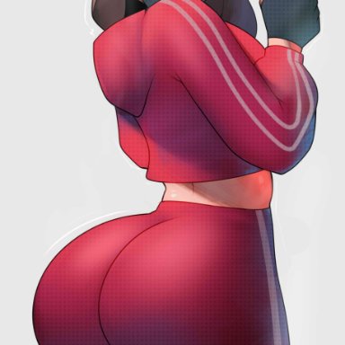 ahe gao, ass, brown hair, cap, character request, cross-eyed, facemask, fortnite, grey background, hat, heart, looking back, mask, phone, postblue98
