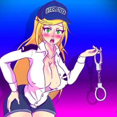 1girls, big breasts, blonde hair, blush, breasts, cleavage, erect nipples, feedback99, five nights at freddy's, five nights at freddy's: security breach, green eyes, handcuffs, hard nipples, looking at viewer, nipple bulge