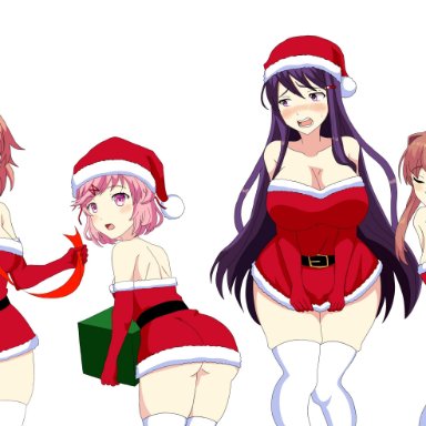 4girls, ass, big breasts, blush, breasts, christmas, christmas outfit, closed eyes, doki doki literature club, dokisnacc, eye contact, female, female only, green eyes, hair ribbon