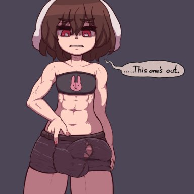 1futa, abs, animal ears, balls, big balls, big penis, brown hair, bulge, clothed, clothing, dialogue, fully clothed, futa only, futanari, huge cock