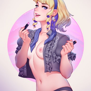 1girls, bangs, black panties, blonde hair, blue hairband, breasts, collarbone, colored inner hair, constance von nuvelle, cosmetics, cropped jacket, earrings, female, fire emblem, fire emblem: three houses