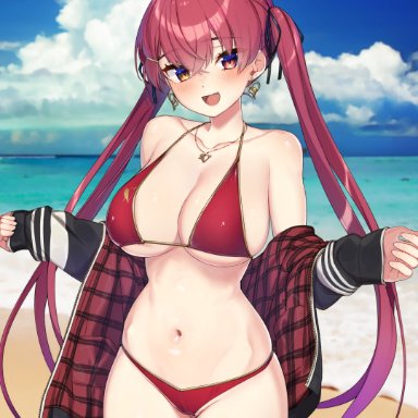 1girls, 2021, absurdres, alternate version available, artist name, ass visible through thighs, beach, bikini, breasts, cloud, collarbone, cowboy shot, day, earrings, eyebrows visible through hair