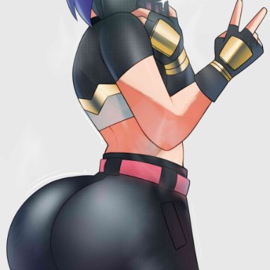 ass, catalyst (fortnite), facemask, fortnite, mask, pants, phone, postblue98, selfie, simple background, solo, solo female, v sign, white background