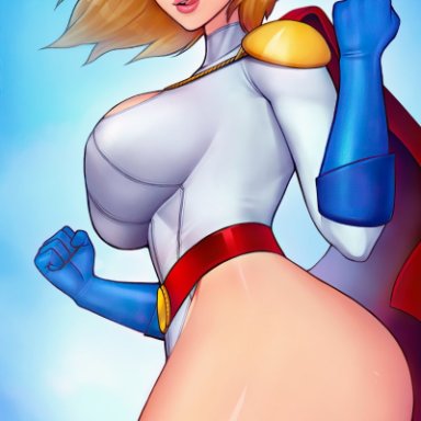 1girls, ass, big ass, blonde hair, blue eyes, cape, clothed, dc, female, female only, gloves, large breasts, leotard, licking lips, lipstick